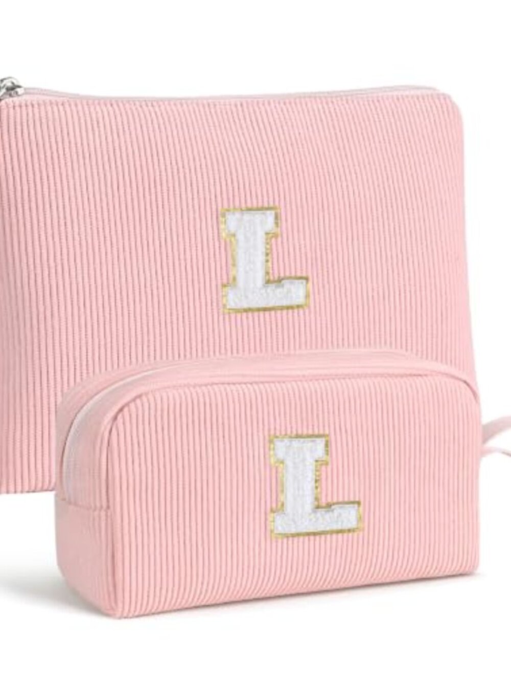 2PC Corduroy Initial Makeup Bag Set Travel Cosmetic Pouch Gift